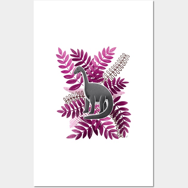 Dinosaur & Leaves - Pink Wall Art by monitdesign